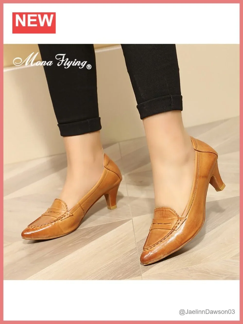 Women's Leather Mid Heel Pumps Pointed Toe Office Heels